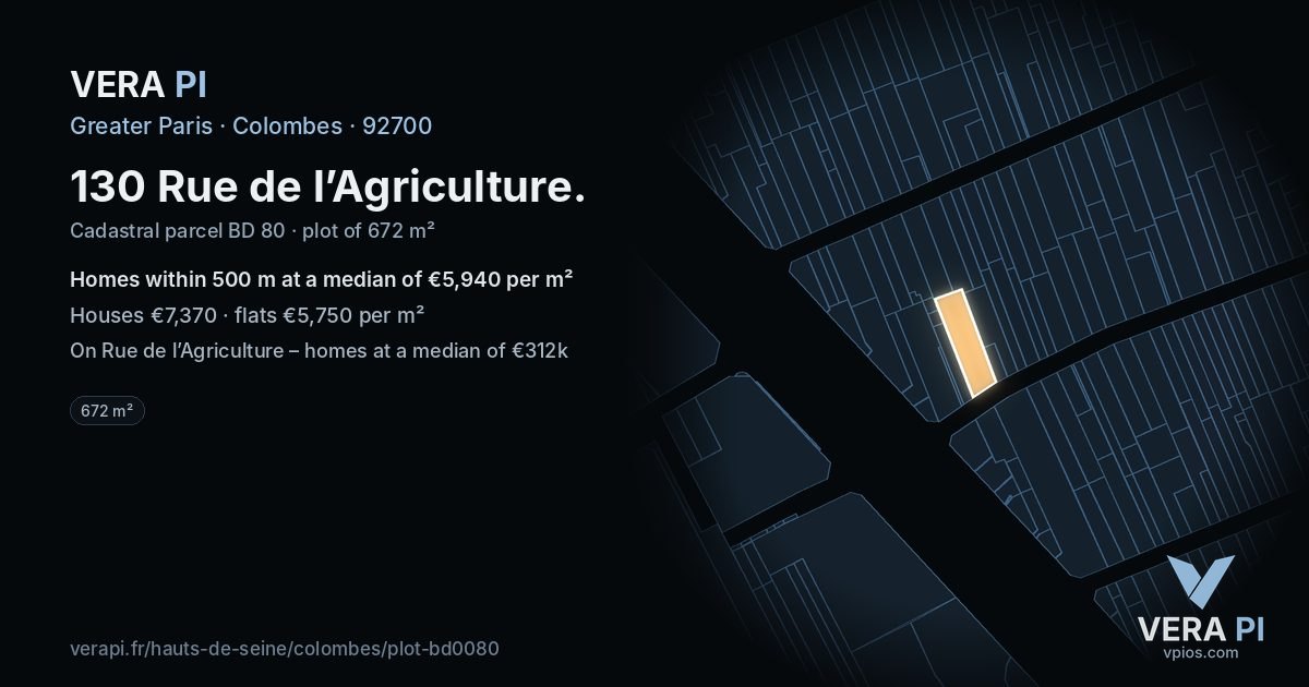 130 Rue de l’Agriculture, Colombes at night – the plot lit, the parcels around coloured by the prices near them