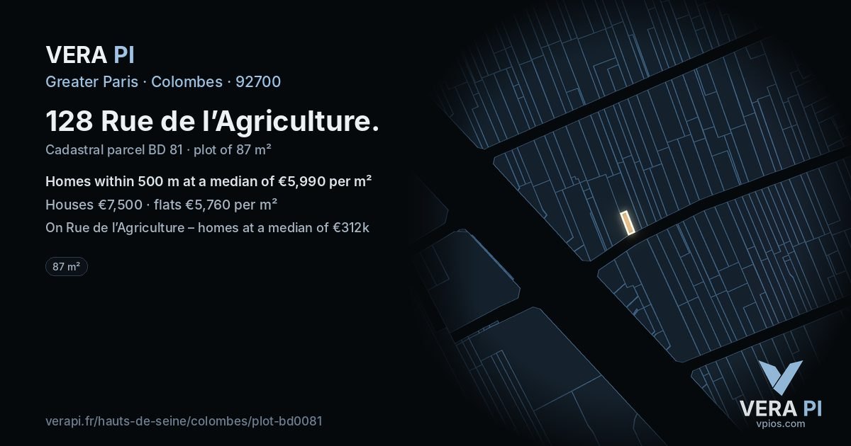 128 Rue de l’Agriculture, Colombes at night – the plot lit, the parcels around coloured by the prices near them