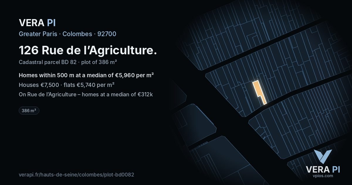 126 Rue de l’Agriculture, Colombes at night – the plot lit, the parcels around coloured by the prices near them