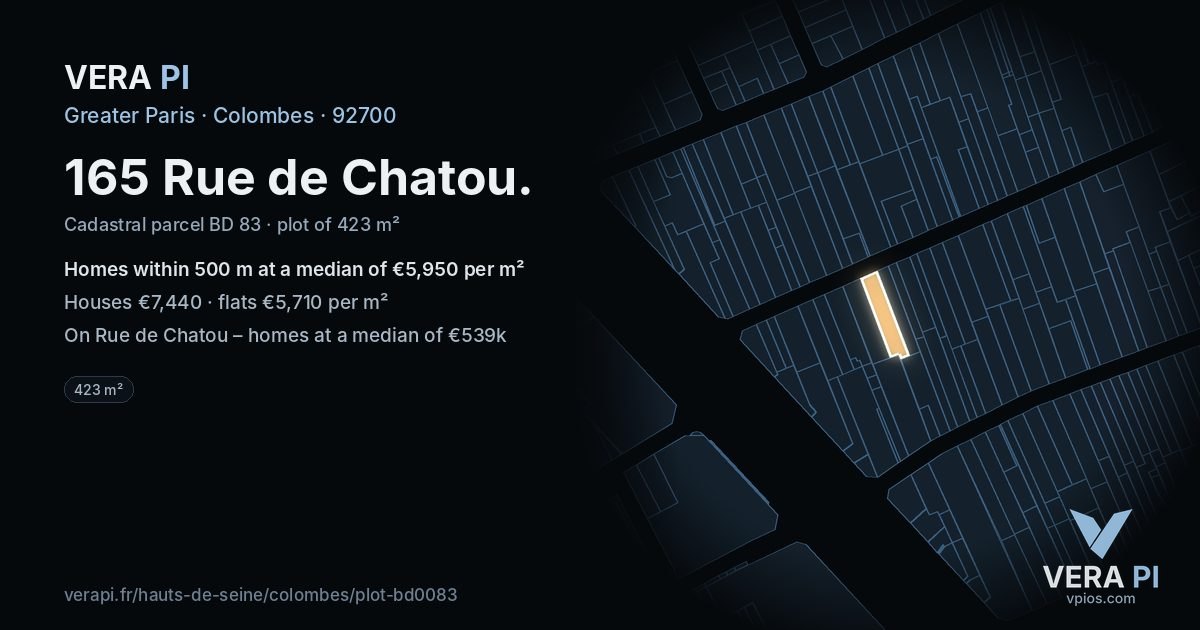 165 Rue de Chatou, Colombes at night – the plot lit, the parcels around coloured by the prices near them