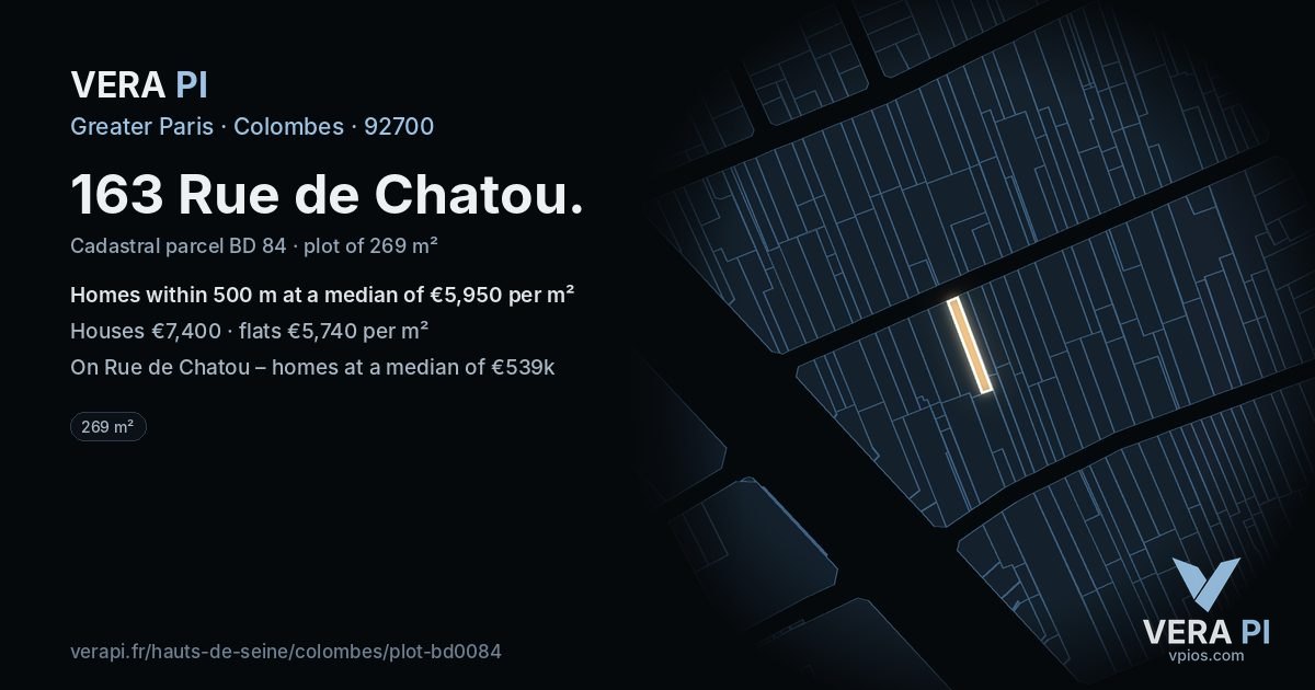 163 Rue de Chatou, Colombes at night – the plot lit, the parcels around coloured by the prices near them