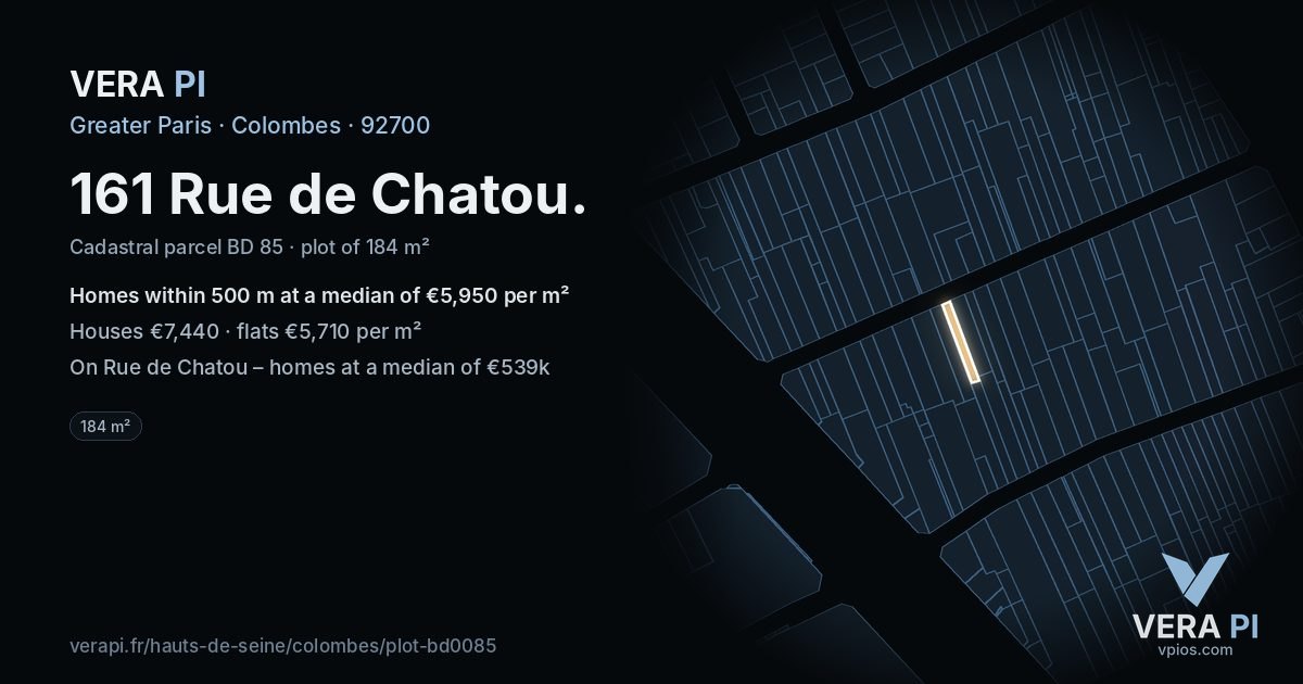 161 Rue de Chatou, Colombes at night – the plot lit, the parcels around coloured by the prices near them