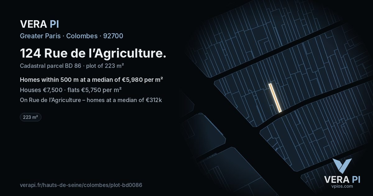 124 Rue de l’Agriculture, Colombes at night – the plot lit, the parcels around coloured by the prices near them