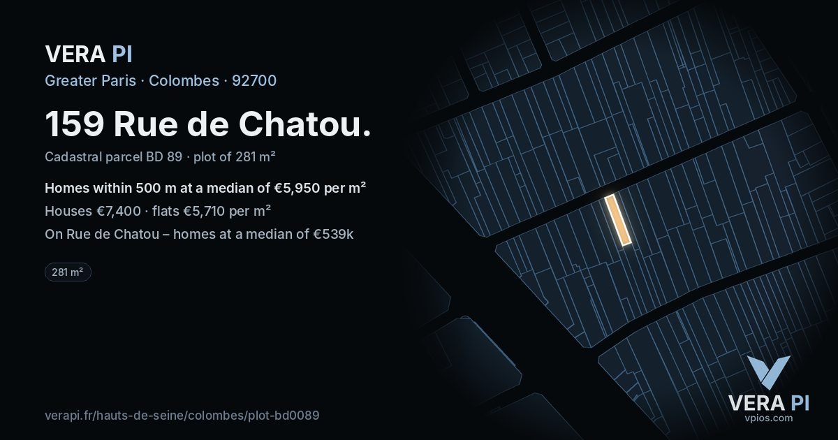 159 Rue de Chatou, Colombes at night – the plot lit, the parcels around coloured by the prices near them