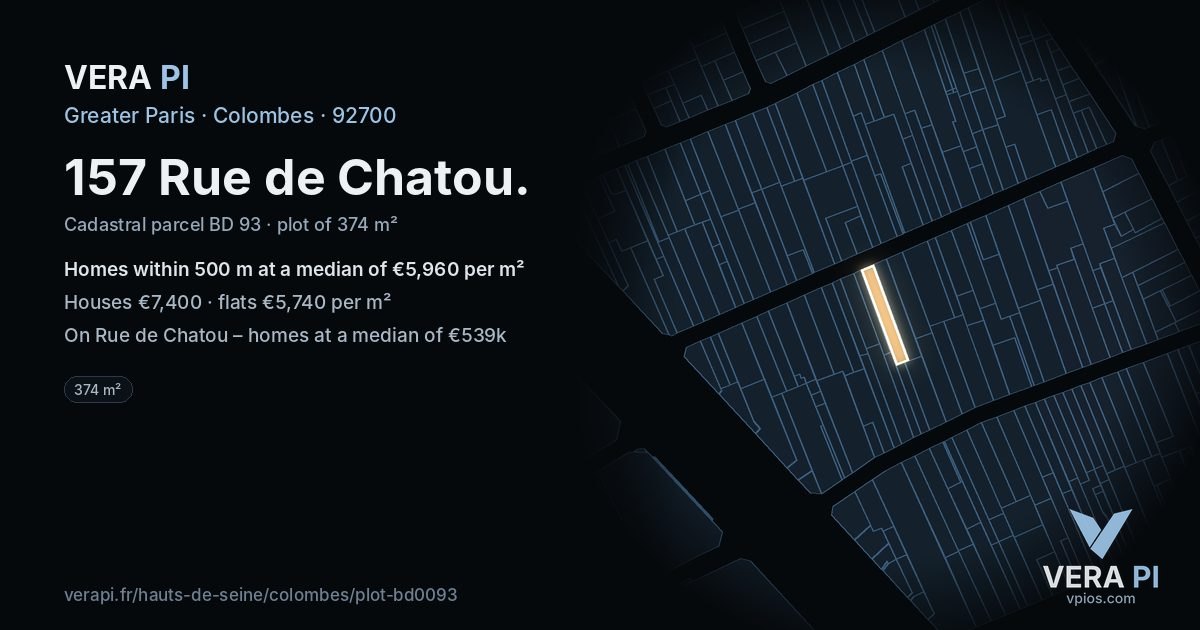 157 Rue de Chatou, Colombes at night – the plot lit, the parcels around coloured by the prices near them
