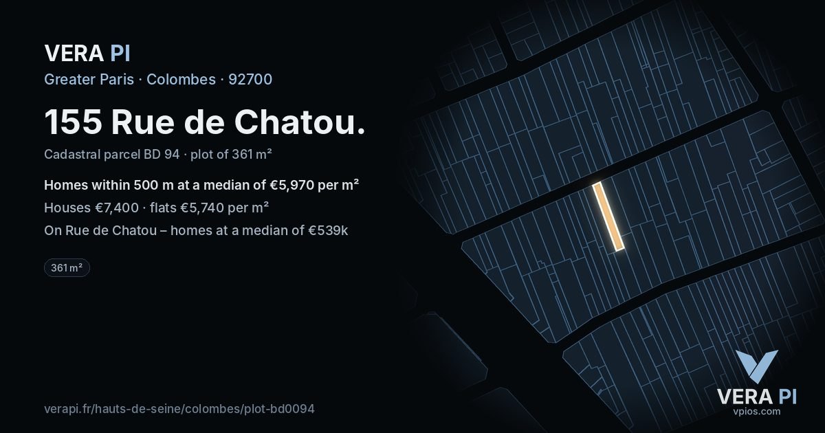 155 Rue de Chatou, Colombes at night – the plot lit, the parcels around coloured by the prices near them