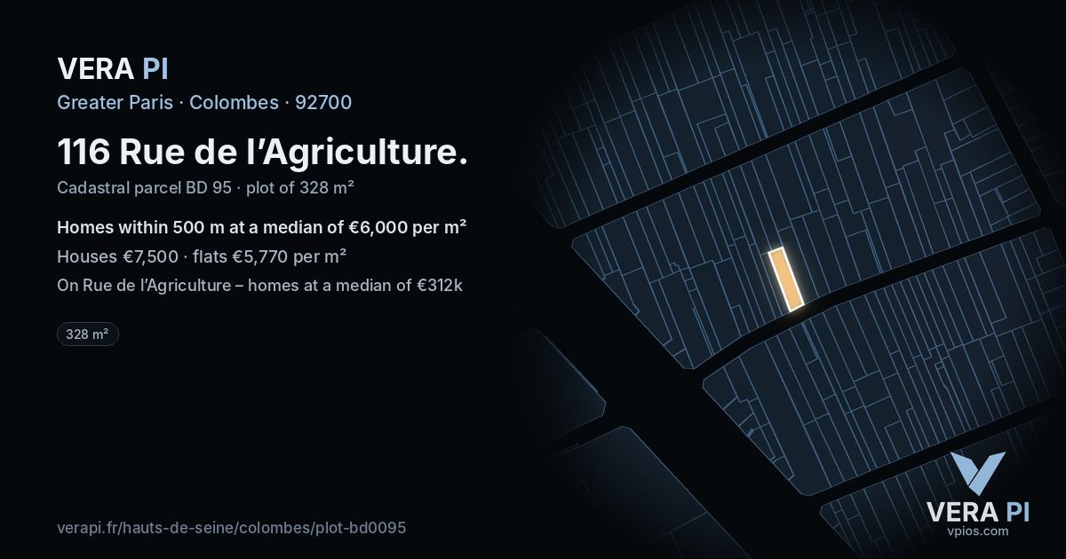 116 Rue de l’Agriculture, Colombes at night – the plot lit, the parcels around coloured by the prices near them