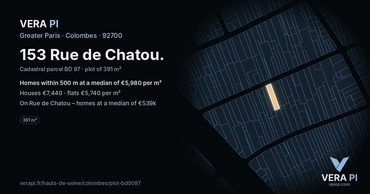 153 Rue de Chatou, Colombes at night – the plot lit, the parcels around coloured by the prices near them