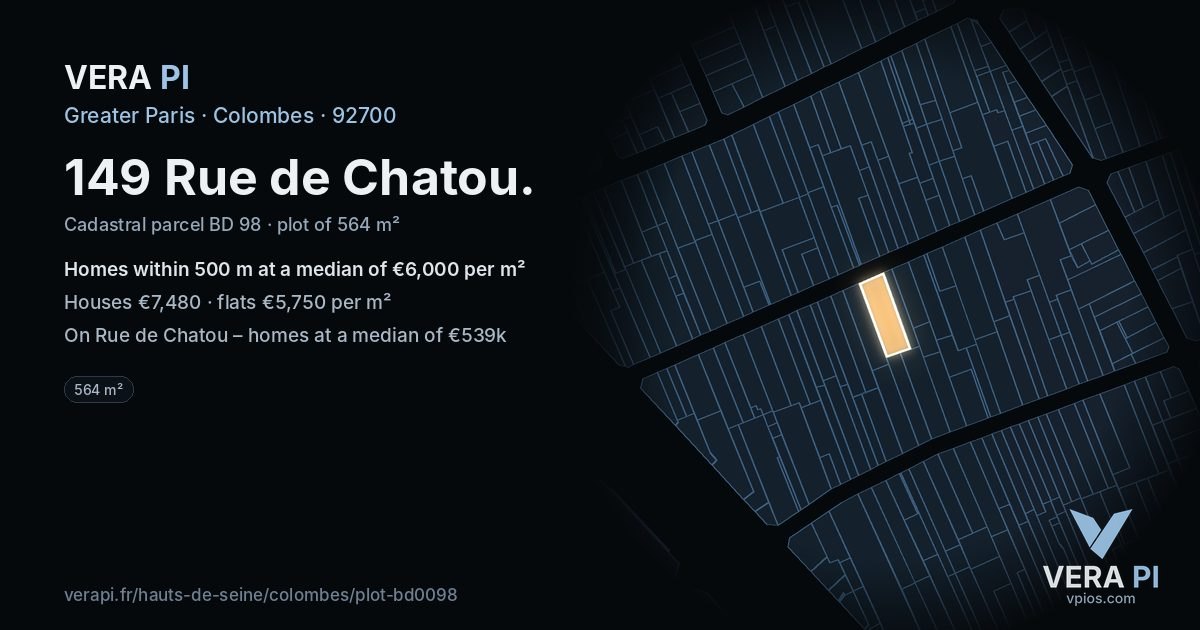 149 Rue de Chatou, Colombes at night – the plot lit, the parcels around coloured by the prices near them