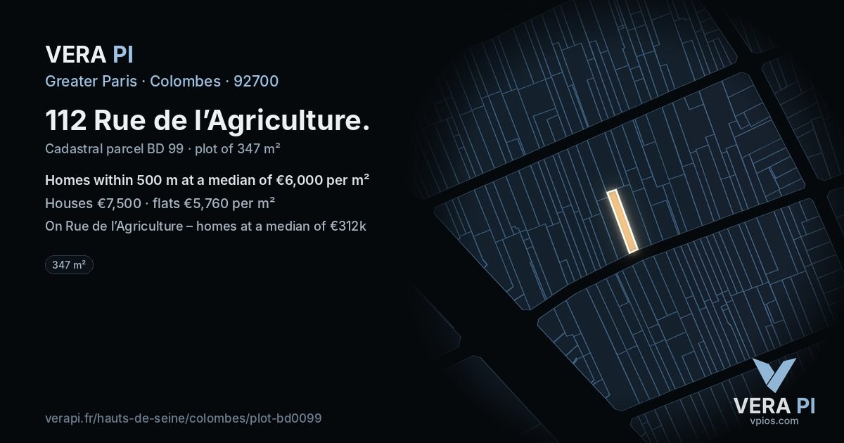 112 Rue de l’Agriculture, Colombes at night – the plot lit, the parcels around coloured by the prices near them