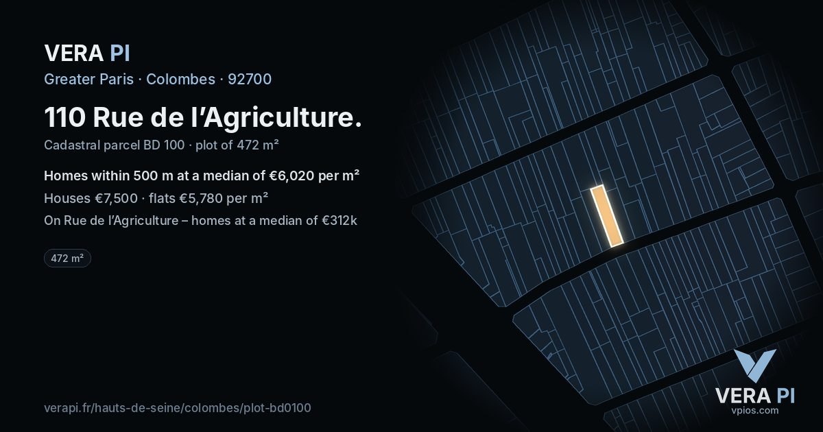110 Rue de l’Agriculture, Colombes at night – the plot lit, the parcels around coloured by the prices near them