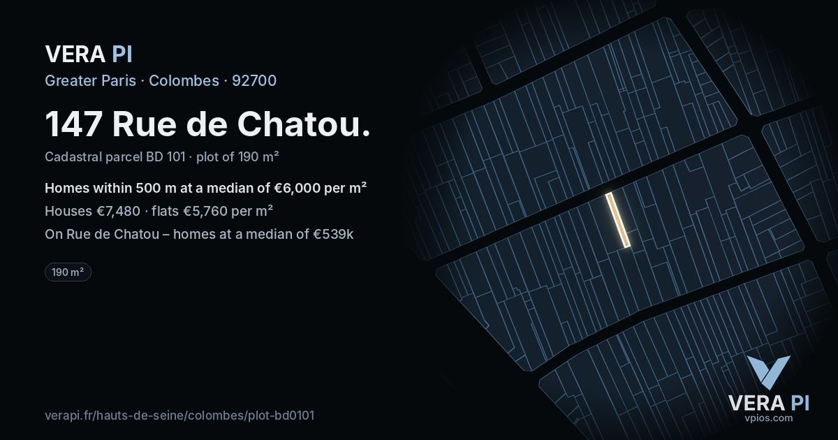 147 Rue de Chatou, Colombes at night – the plot lit, the parcels around coloured by the prices near them