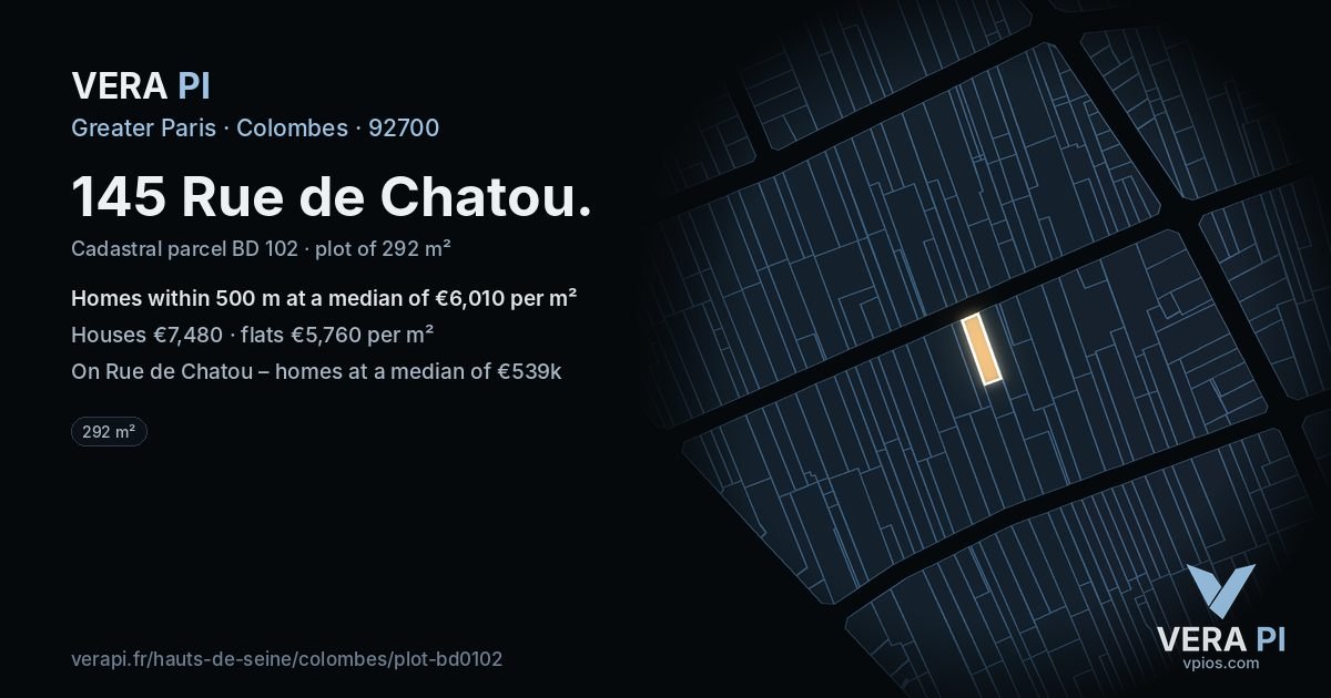 145 Rue de Chatou, Colombes at night – the plot lit, the parcels around coloured by the prices near them