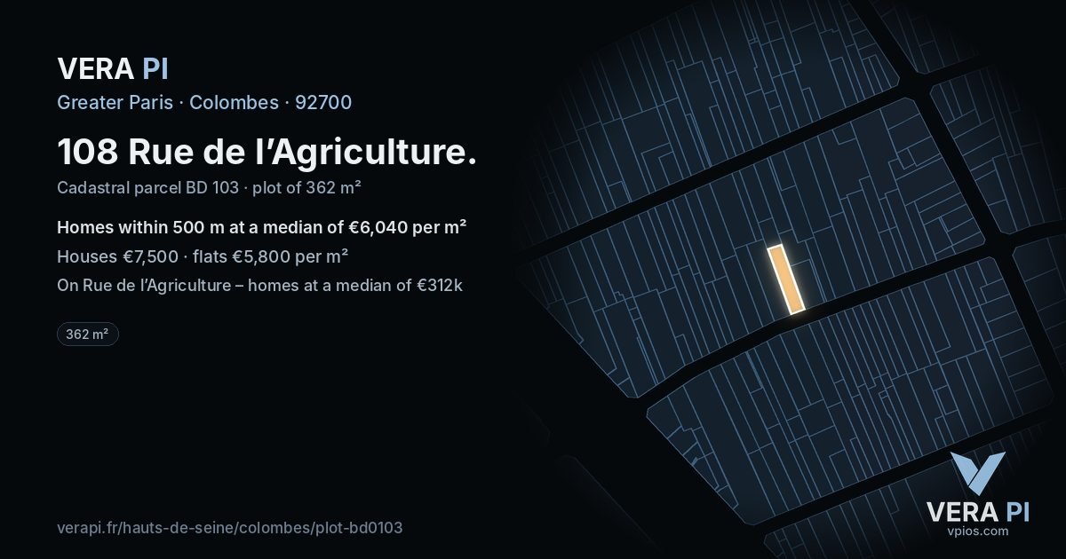 108 Rue de l’Agriculture, Colombes at night – the plot lit, the parcels around coloured by the prices near them