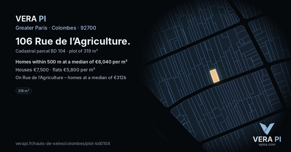 106 Rue de l’Agriculture, Colombes at night – the plot lit, the parcels around coloured by the prices near them