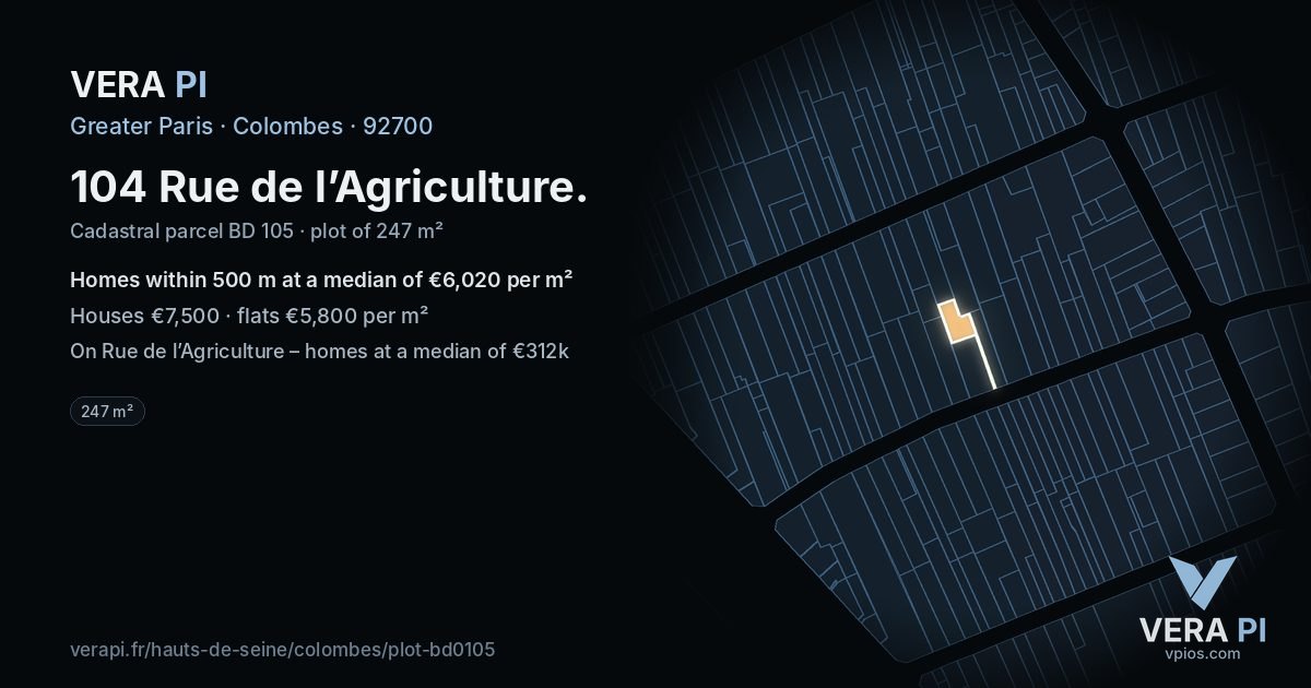 104 Rue de l’Agriculture, Colombes at night – the plot lit, the parcels around coloured by the prices near them