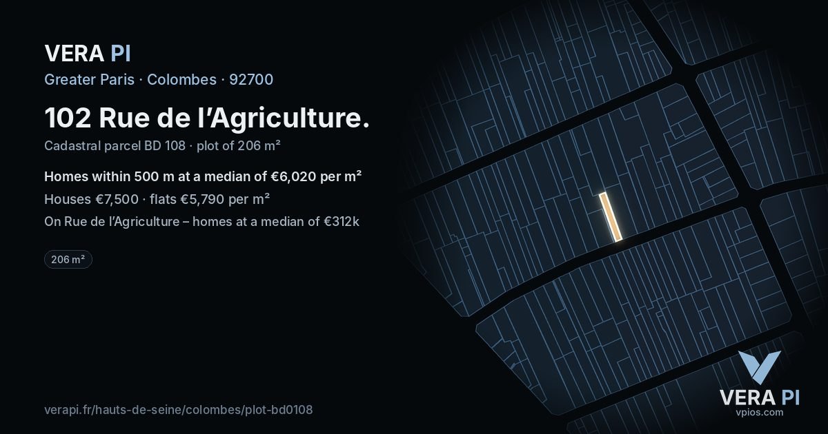 102 Rue de l’Agriculture, Colombes at night – the plot lit, the parcels around coloured by the prices near them