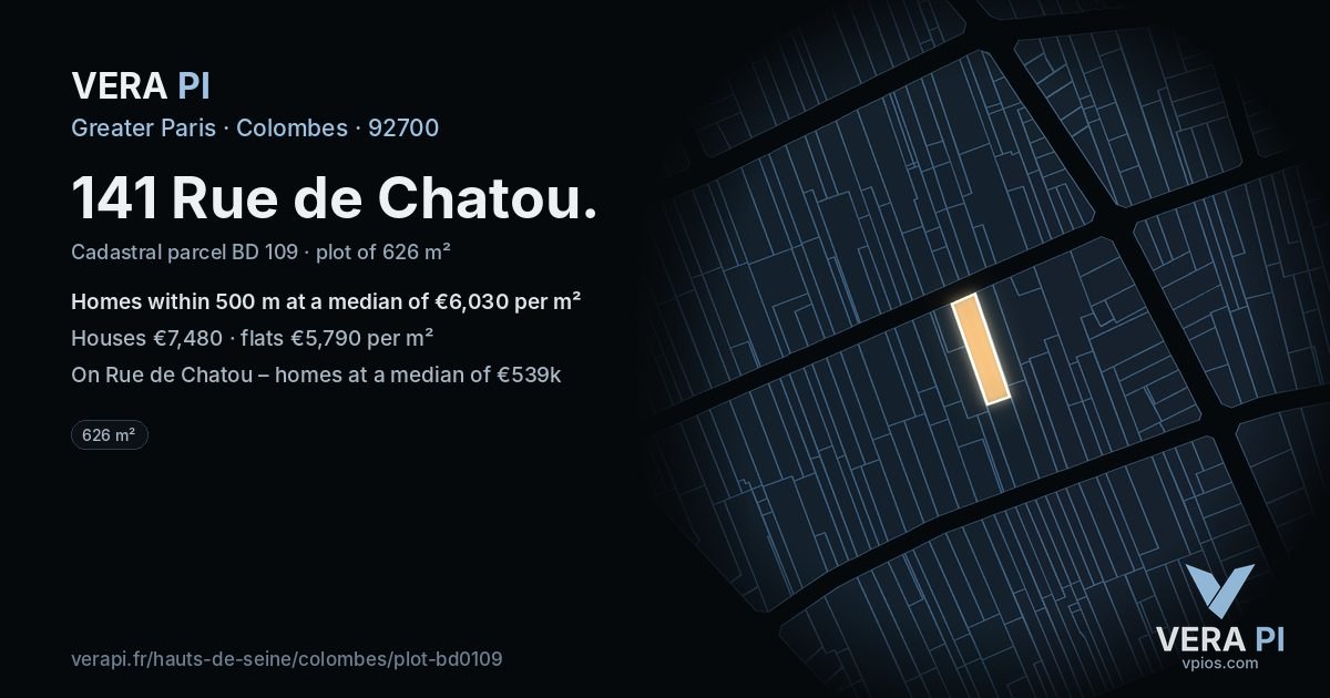 141 Rue de Chatou, Colombes at night – the plot lit, the parcels around coloured by the prices near them
