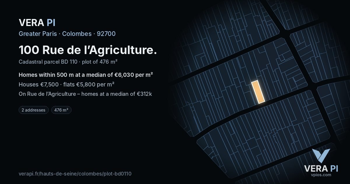 100 Rue de l’Agriculture, Colombes at night – the plot lit, the parcels around coloured by the prices near them
