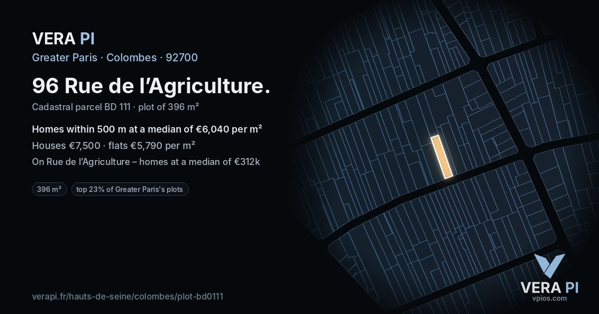 96 Rue de l’Agriculture, Colombes at night – the plot lit, the parcels around coloured by the prices near them