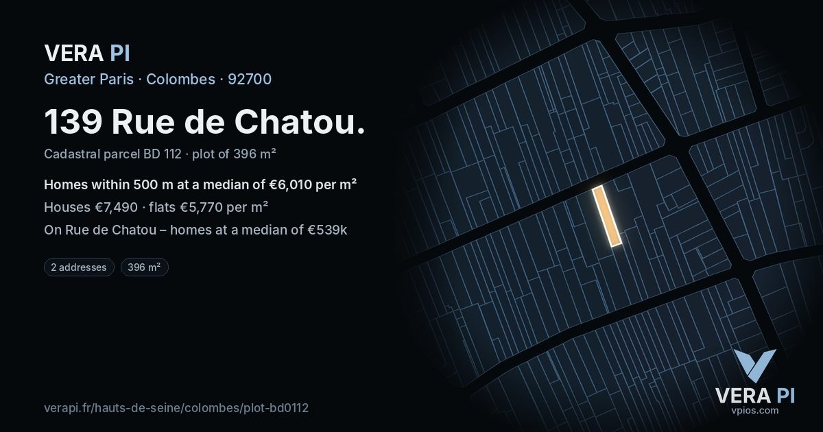 139 Rue de Chatou, Colombes at night – the plot lit, the parcels around coloured by the prices near them