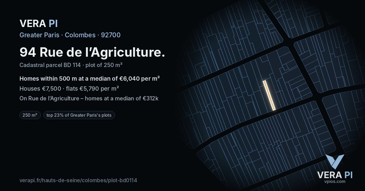 94 Rue de l’Agriculture, Colombes at night – the plot lit, the parcels around coloured by the prices near them