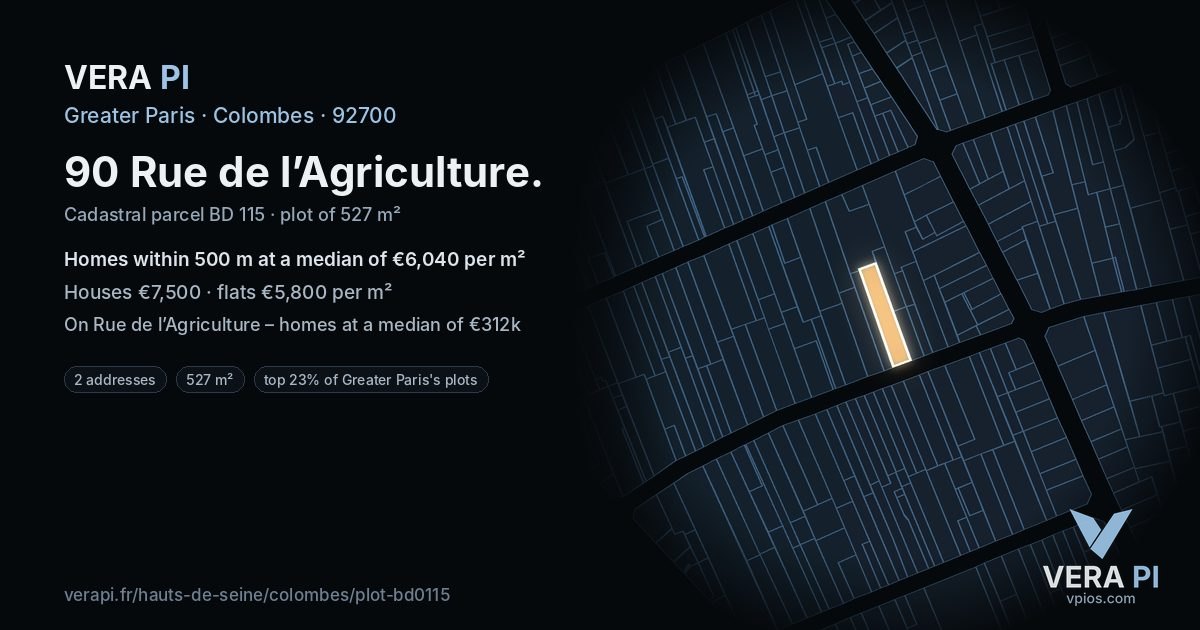 90 Rue de l’Agriculture, Colombes at night – the plot lit, the parcels around coloured by the prices near them