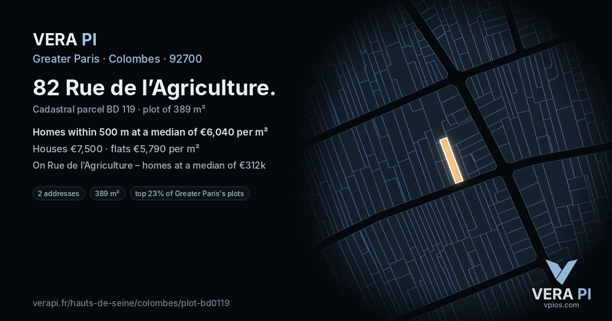 82 Rue de l’Agriculture, Colombes at night – the plot lit, the parcels around coloured by the prices near them