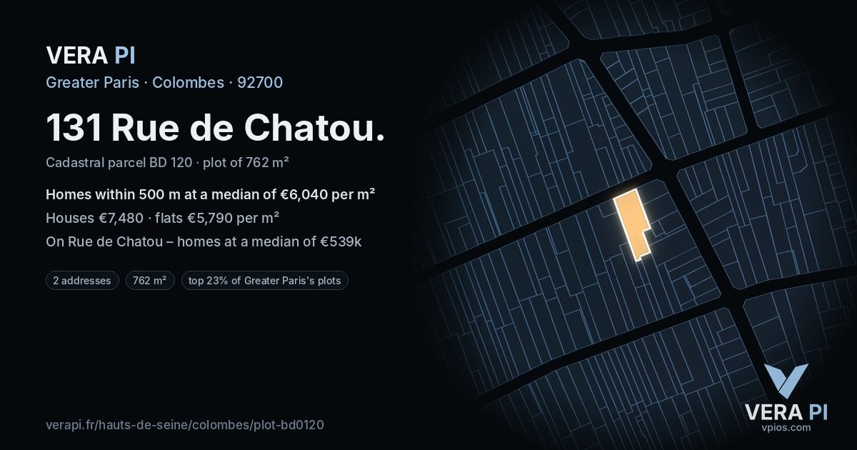 131 Rue de Chatou, Colombes at night – the plot lit, the parcels around coloured by the prices near them