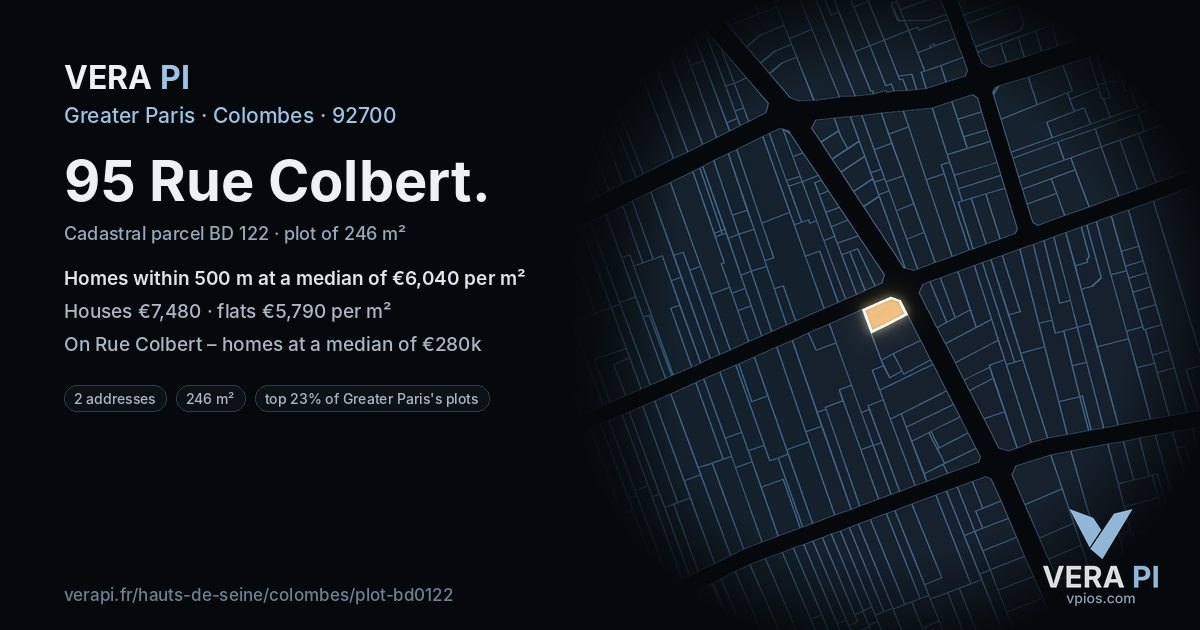 95 Rue Colbert, Colombes at night – the plot lit, the parcels around coloured by the prices near them