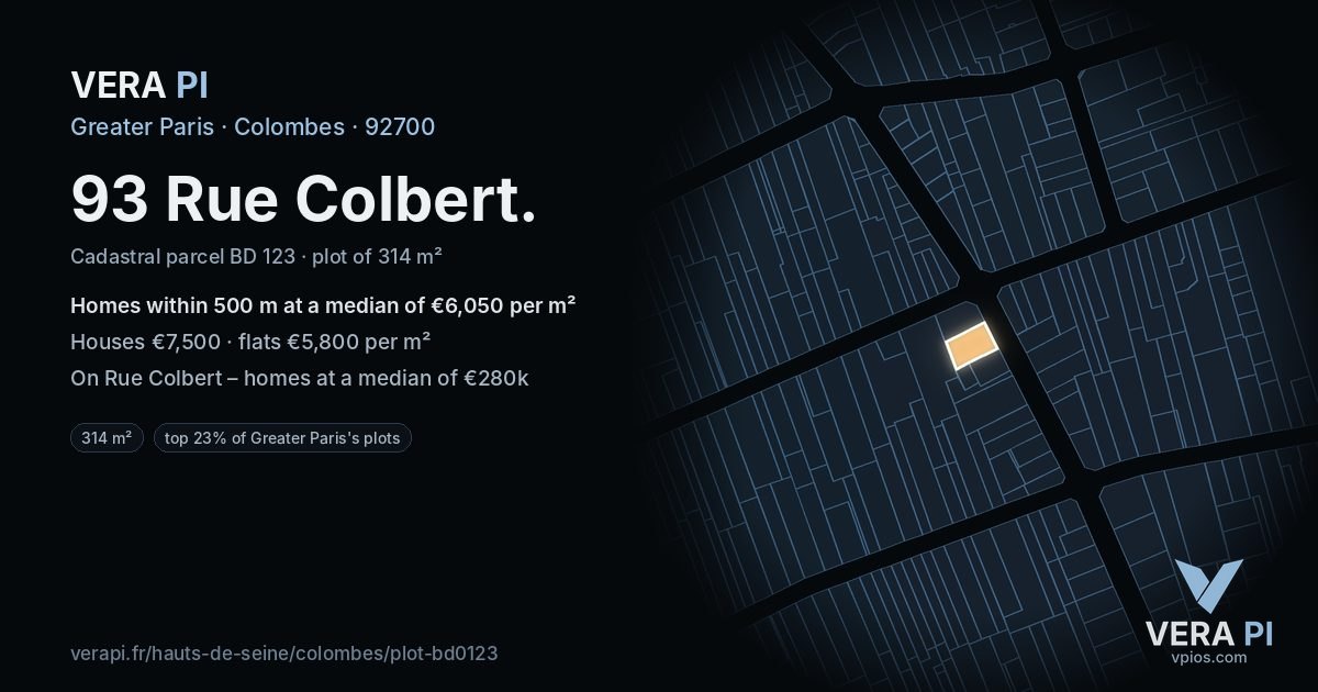 93 Rue Colbert, Colombes at night – the plot lit, the parcels around coloured by the prices near them