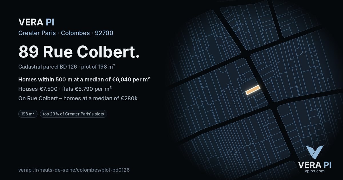 89 Rue Colbert, Colombes at night – the plot lit, the parcels around coloured by the prices near them