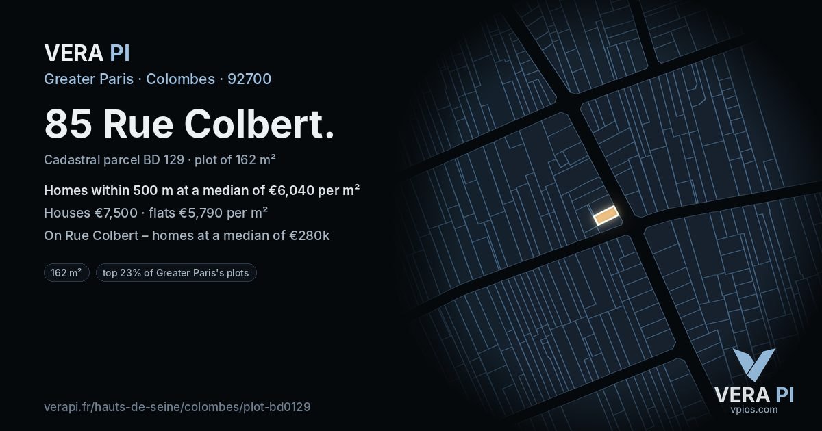85 Rue Colbert, Colombes at night – the plot lit, the parcels around coloured by the prices near them