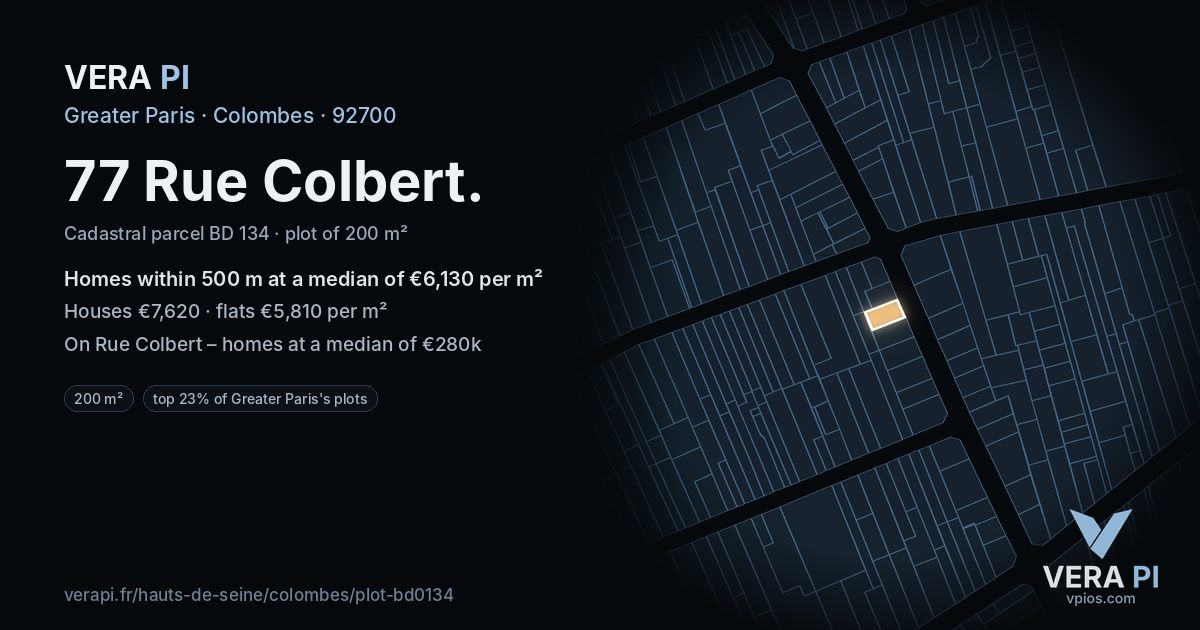 77 Rue Colbert, Colombes at night – the plot lit, the parcels around coloured by the prices near them