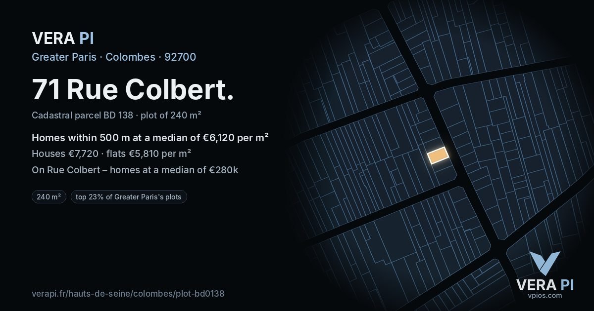 71 Rue Colbert, Colombes at night – the plot lit, the parcels around coloured by the prices near them