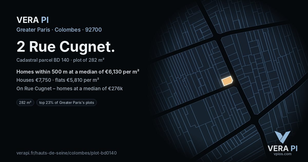 2 Rue Cugnet, Colombes at night – the plot lit, the parcels around coloured by the prices near them