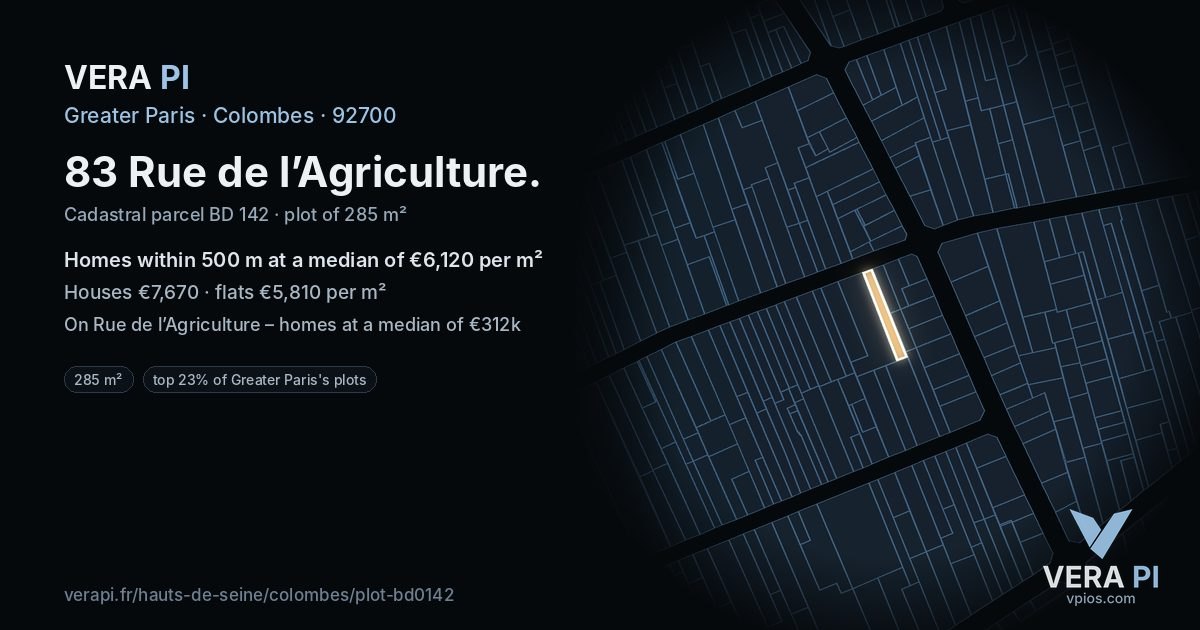 83 Rue de l’Agriculture, Colombes at night – the plot lit, the parcels around coloured by the prices near them