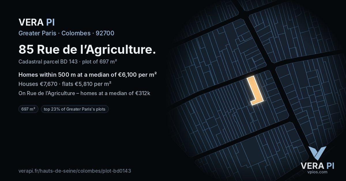 85 Rue de l’Agriculture, Colombes at night – the plot lit, the parcels around coloured by the prices near them