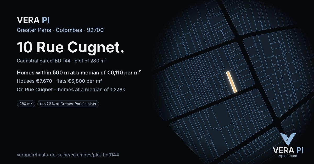 10 Rue Cugnet, Colombes at night – the plot lit, the parcels around coloured by the prices near them