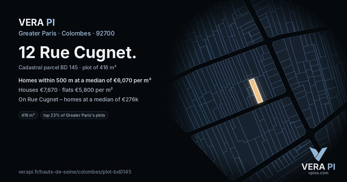 12 Rue Cugnet, Colombes at night – the plot lit, the parcels around coloured by the prices near them