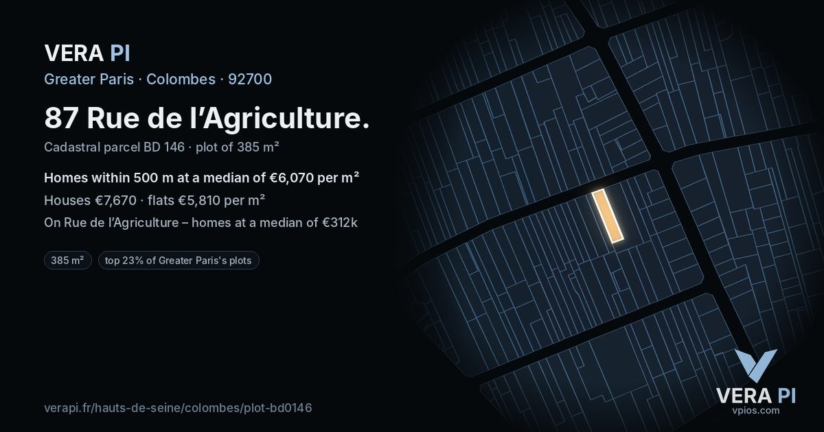 87 Rue de l’Agriculture, Colombes at night – the plot lit, the parcels around coloured by the prices near them
