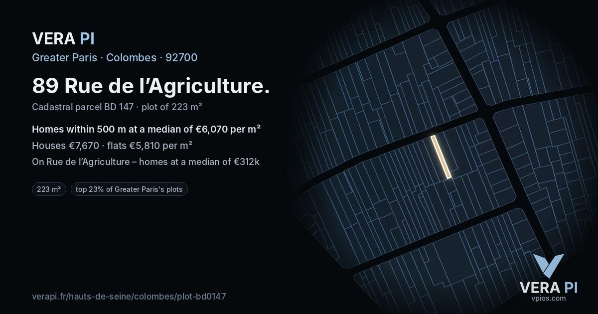 89 Rue de l’Agriculture, Colombes at night – the plot lit, the parcels around coloured by the prices near them