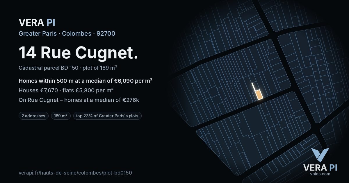 14 Rue Cugnet, Colombes at night – the plot lit, the parcels around coloured by the prices near them