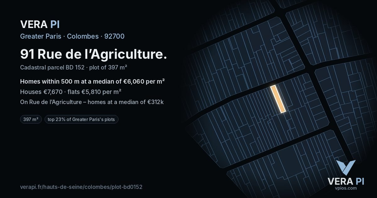 91 Rue de l’Agriculture, Colombes at night – the plot lit, the parcels around coloured by the prices near them