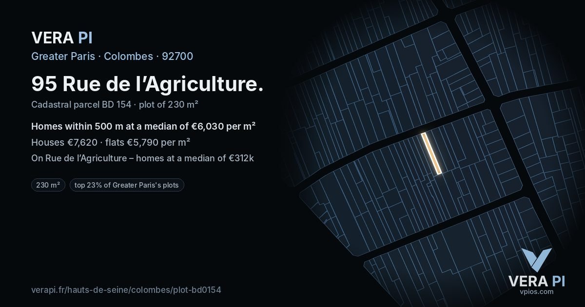 95 Rue de l’Agriculture, Colombes at night – the plot lit, the parcels around coloured by the prices near them