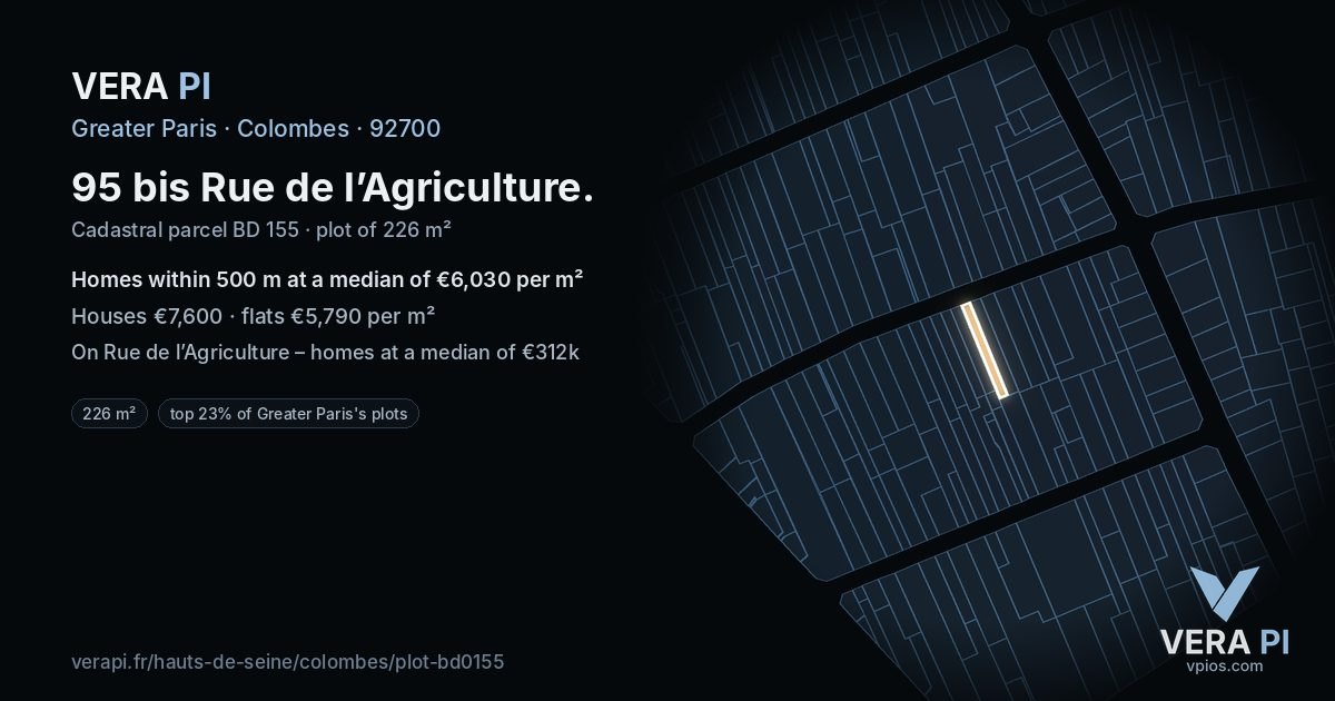 95 bis Rue de l’Agriculture, Colombes at night – the plot lit, the parcels around coloured by the prices near them