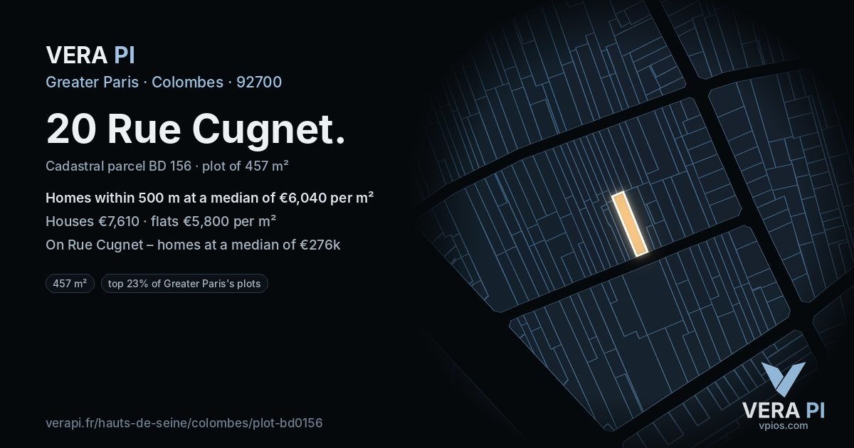 20 Rue Cugnet, Colombes at night – the plot lit, the parcels around coloured by the prices near them