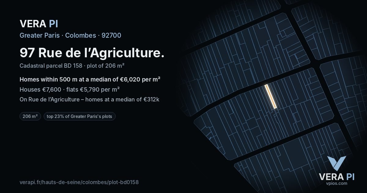97 Rue de l’Agriculture, Colombes at night – the plot lit, the parcels around coloured by the prices near them