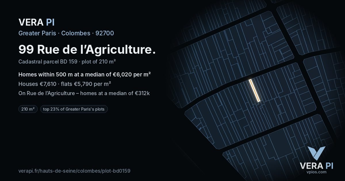 99 Rue de l’Agriculture, Colombes at night – the plot lit, the parcels around coloured by the prices near them