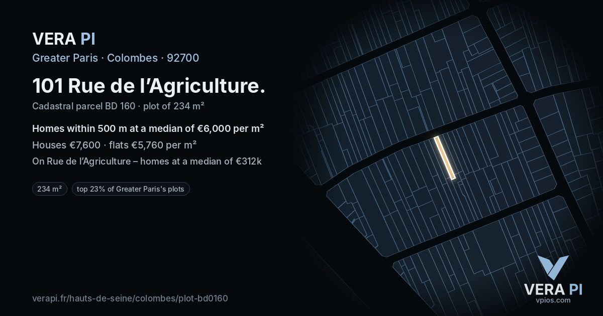 101 Rue de l’Agriculture, Colombes at night – the plot lit, the parcels around coloured by the prices near them